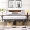 Queen Size Modern Metal Bedframe With Headboard, Durable Steel Structure - Black / Brown - Image 4