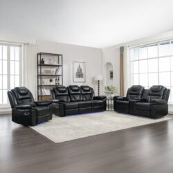 3 Pieces Recliner Sofa Sets Home Theater Seating Manual Recliner Chair With Center Console And Led Light Strip For Living Room - Black