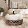 Willow - Round Upholstered Woven Patio Ottoman, Wicker Frame - Wheat Beige / Golden Brown - Image 6