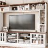 Wall Unit Entertainment Center With Bookshelves For TVs Up To 80", Modern TV Stand Media Console With Cabinets, Tempered Glass Doors And Adjustable Shelves For Living Room - White - Image 5