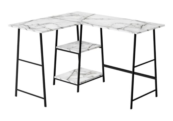 Computer Desk, Home Office, Corner, Storage Shelves, L-Shape, Work, Laptop, Marble Look Laminate, Contemporary, Modern - White