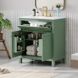 Bathroom Vanity With Ceramic Sink, Modern Single Bathroom Cabinet With 2 Doors And A Shelf, Soft Close Doors - Green