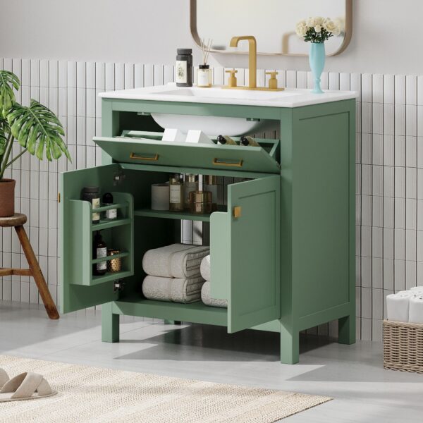 Bathroom Vanity With Ceramic Sink, Modern Single Bathroom Cabinet With 2 Doors And A Shelf, Soft Close Doors - Green