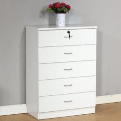 5 Drawer Chest Metal Handles Locking Top Drawer Metal Glide Rails White Melamine Laminate - White