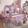 Twin Size Princess Carriage Bed With Crown, Platform Car Bed With Stair - Purple / Pink - Image 16