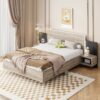 Queen Size Floating Platform Bed, With LED Lights, Bedside Nightstand - Natural - Image 12