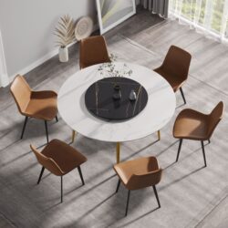 59.05" Modern Artificial Stone Round Golden Metal Dining Table, Can Accommodate 6 People Artificial Stone Turntable - White / Black
