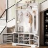 Entryway Bench With Coat Rack, 3 In 1 Design And Adjustable Shelves, Hall Tree With 7 Hooks For Entrance, Living Room - White - Image 2