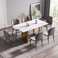 63" Modern Artificial Stone White Straight Edge Golden Metal Leg Dining Table - White / Gold