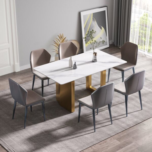 63" Modern Artificial Stone White Straight Edge Golden Metal Leg Dining Table - White / Gold