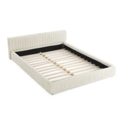Queen Size Upholstered Platform Bed Frame With Chenille Fabric And Pleated Design - Beige