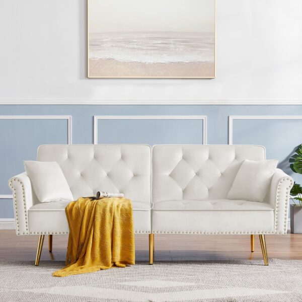 Velvet Tufted Sofa Couch With 2 Pillows And Nailhead Trim - Beige