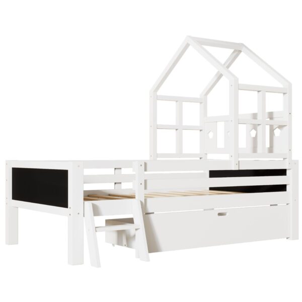 Twin Size House Bed With Ladder, Storage Drawers, And Blackboard Design - White