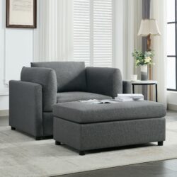 Wide Modern Oversized Armchair With Ottoman Stool, Single Sofa With Lumbar Support, Accent Chair, Reading Chair For Bedroom, Living Room - Dark Gray