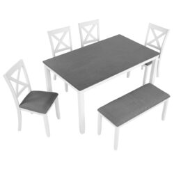 Modern 6 Piece Dining Table Set With Bench And Chairs For Dining Room Or Kitchen - Gray / White