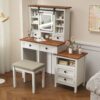 Farmhouse Makeup Vanity Desk With Adjustible LED Lighted Mirror And Charging Station For Bedroom, Dressing Vanity Table With Side Cabinet And Cushioned Stool - White - Image 20