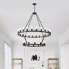 Extra Large Wagon Wheel Chandelier, 2 Tier 36 Lights (No Include) Farmhouse Industrial Round High Ceiling Pendant Light Adjustable Chain, For Dining Room, Living Room, Kitchen - Black - Image 5