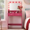 Vanity Desk With Mirror And Lights, Dressing Table With Large Drawer, 2 Level Storage Dresser & 3 Lighting Modes Adjustable Brightness, Suitable For Bedroom - Rose Pink - Image 2