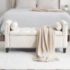 Storage Bench, Queen Velvet Button Bedside Bench, Entryway Living Room With Armrests, Nailhead Trim, Upholstered Bedroom Bench, Bedside Ottoman, Living Room, Entryway - Cream - Image 3
