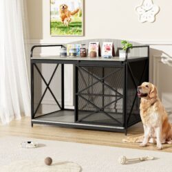 Heavy Duty Large Dog Crate Furniture For Large Medium Dog, Farmhouse Wooden Dog Kennel Indoor End Table, Decorative Pet House For Large Dogs - Gray