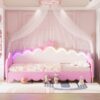 Twin Extending Daybed With LED Lights, Modern Upholstered Princess Daybed With Crown Headboard - Pink - Image 2