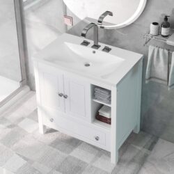 Bathroom Vanity With Sink, Bathroom Storage Cabinet With Doors And Drawers, Solid Wood Frame, Ceramic Sink - White