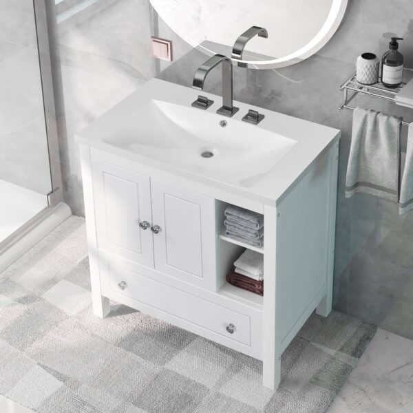 Bathroom Vanity With Sink, Bathroom Storage Cabinet With Doors And Drawers, Solid Wood Frame, Ceramic Sink - White