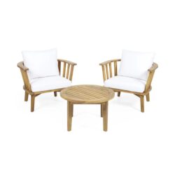3 Piece Patio Furniture Set, Outdoor Acacia Wood Patio Club Chair With Table, Wooden Patio Furniture, Waterproof Thick Cushion Deep Seating For Porch - Teak / White