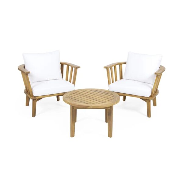 3 Piece Patio Furniture Set, Outdoor Acacia Wood Patio Club Chair With Table, Wooden Patio Furniture, Waterproof Thick Cushion Deep Seating For Porch - Teak / White