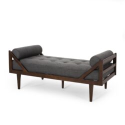 Contemporary Fabric Chaise Lounge With Button Tufted Waffle Stitching And Rolled Accent Pillows - Charcoal