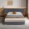 Upholstered King Size Bed Frame Of Velvet Tufted Headboard With Floating Nightstand LED / USB Built - Gray - Image 4