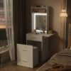 Small Vanity Desk With Mirror And Light, Dressing Table With Charging Station & Fold Up Panel For Small Space, Compact Makeup Vanity Set With Hidden Stool For Bedroom - White - Image 8