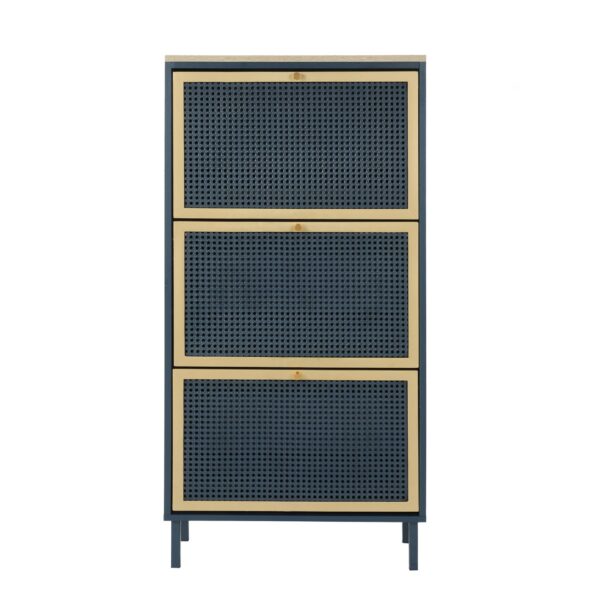 3 Door Metal Shoe Rack, Freestanding Modern Shoe Storage Cabinet With Metal Rattan, Particle Board For Entryway - Blue Gray