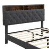 Modern Upholstered King Size Platform Bed Frame With Button Tufted Linen Headboard And USB Ports - Dark Gray - Image 7
