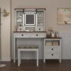 Farmhouse Makeup Vanity Desk With Adjustible LED Lighted Mirror And Charging Station For Bedroom, Dressing Vanity Table With Side Cabinet And Cushioned Stool - White - Image 17