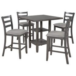 5 Piece Wooden Counter Height Dining Set With Padded Chairs, Storage Shelving - Gray