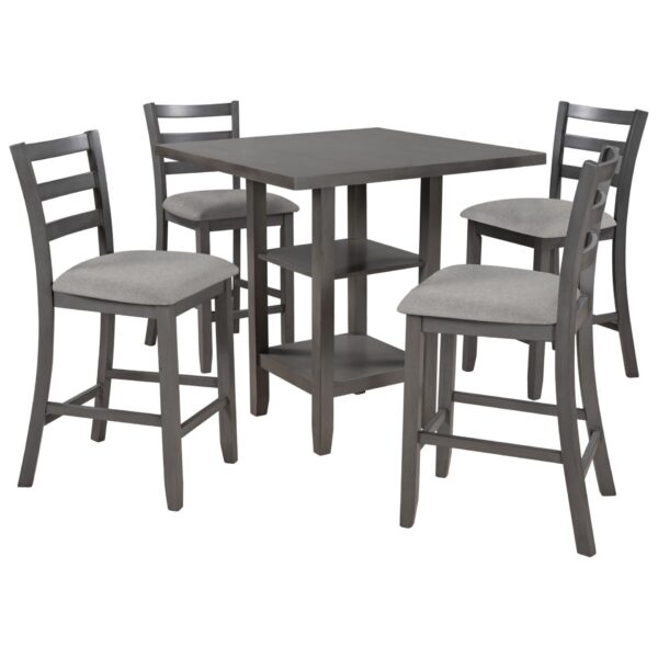 5 Piece Wooden Counter Height Dining Set With Padded Chairs, Storage Shelving - Gray