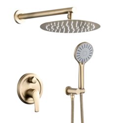 Wall Mounted Shower System With High Pressure Rain Shower Head & 5 Function Handheld - Brushed Gold