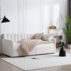 Flora - Twin Upholstered Daybed With 2 Drawers Ribbed Tufted Backrest in Lavish Modern Design - Ivory - Image 9