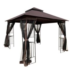 10 X 10 Ft Patio Gazebo Tent With Ventilated Double Roof And Mosquito Net - Brown