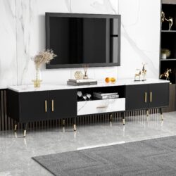 Modern TV Stand With 2 Cabinets & Open Compartments, Entertainment Center For Tvs Up To 80'', Television Console For Living Room - White / Black