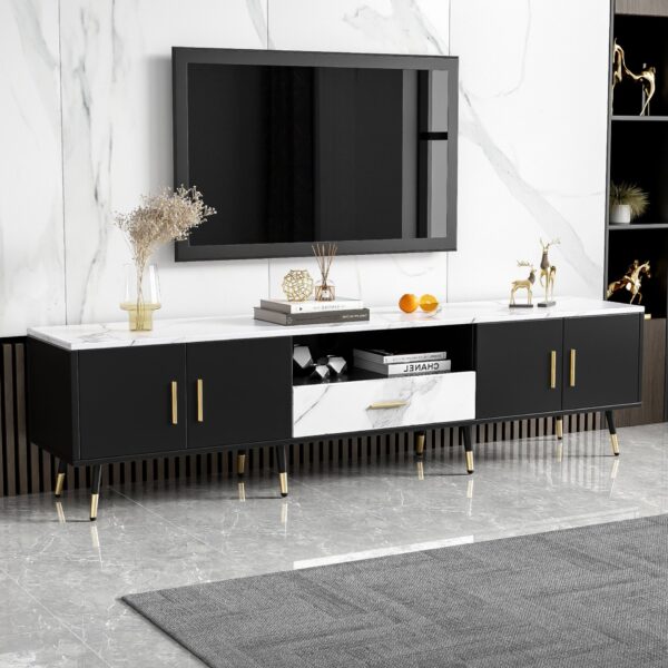Modern TV Stand With 2 Cabinets & Open Compartments, Entertainment Center For Tvs Up To 80'', Television Console For Living Room - White / Black