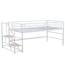 Twin Mid Loft Bed With Storage Stairs And Metal Frame - White