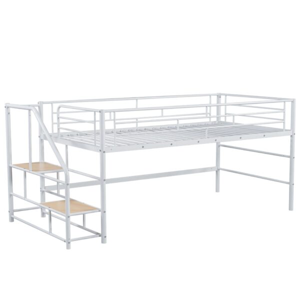 Twin Mid Loft Bed With Storage Stairs And Metal Frame - White