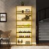 LED Tall LED Tall Wine Rack Freestanding Floor, 7 Tier Wine Baker Rack With Glass Holder & Wine Storage, Industrial Wine Display Shelf Wine Bar Cabinet For Bar - White / Gold - Image 9