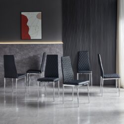 Modern Simple Style Dining Chair Leather Chrome Metal Pipe Diamond Grid Pattern Restaurant Home Conference Chair (Set of 6) - Black