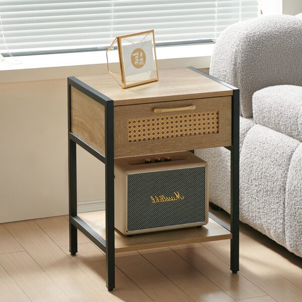 15.74" Rattan End Table With Drawer, Modern Nightstand, Metal Legs, Side Table For Living Room, Bedroom - Natural