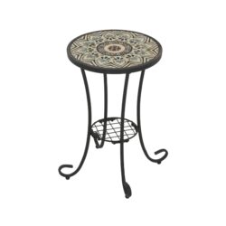 Ceramic Tile And Iron Patio Side Table With Shelf - Brown / Black