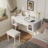 Elegant Vanity Makeup Table & Chair Set Modern Dressing Table With Organizer Writing Desk Charging Port Engineered Wood - White - Image 3