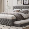 Queen Size Upholstered Platform Bed With Twin Size Trundle And 2 Sets Of USB Ports On Each Side - Gray - Image 13